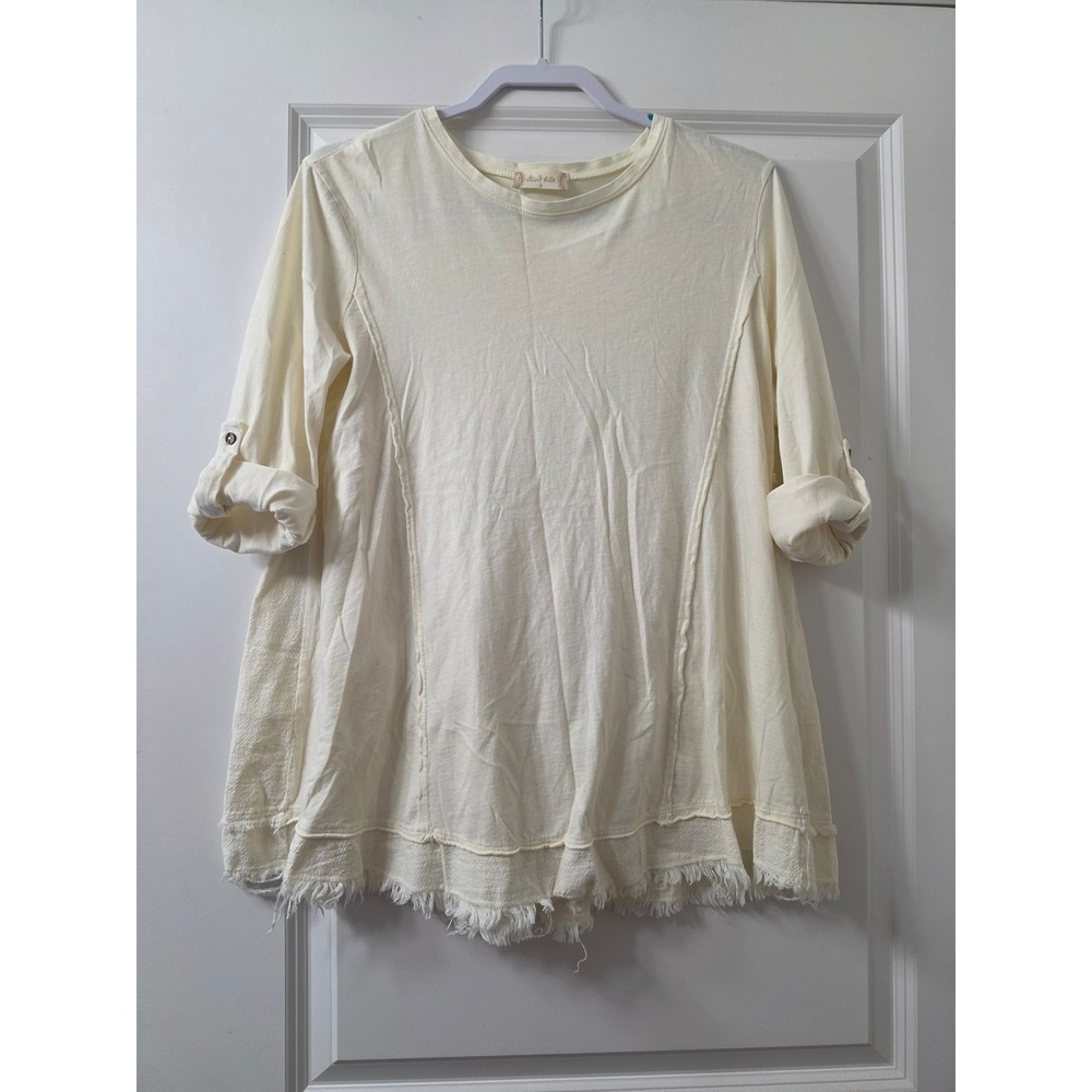 Altar'd State Cream Ivory Boho Frayed Hem Tunic Top Small Cotton Linen
